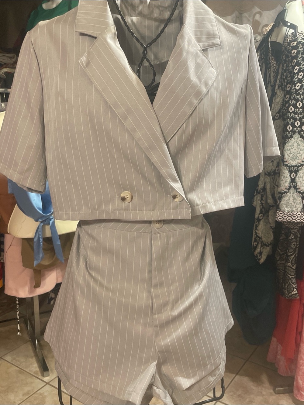 SHEIN Light Gray Pinstripe High Waist Shorts Set